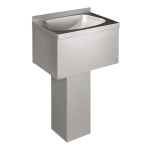 Stainless steel floor standing washbasin with apron, fixed to the wall