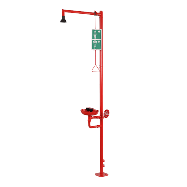 Free standing body and eyes shower - body shower with start trigger and self-cleaning shower head, eyes shower with two spray heads, bowl and start lever