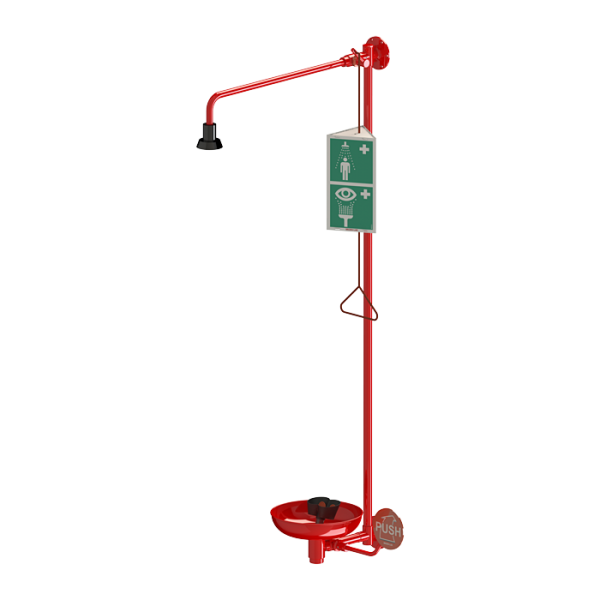 Wall-mounted body and eyes shower - body shower with start trigger and self-cleaning shower head, eyes shower with two spray heads, bowl and start lever